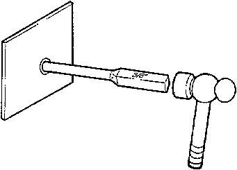 tsb97-03-10fig4.jpg >  Knock the sleeve out of the blind side with a 9.525mm (3/8") drift punch and hammer (Figure 4).

CAUTION:
DO NOT REMOVE THE FASTENER WITH A CUTTING TORCH BECAUSE DAMAGE TO THE FRAME STRUCTURE IS LIKELY TO RESULT.

Click "Next" beside the image above to continue.