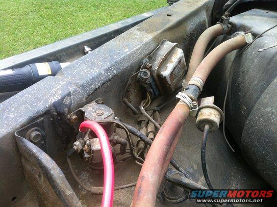 engine bay with hoses, electrical components, and a red tube