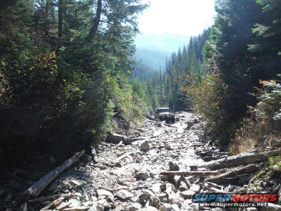 Jeep driving on a very rocky, wooded mountain trail