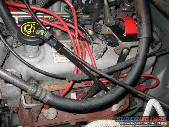 Close-up of red spark plug wires and engine components in a vehicle's engine bay