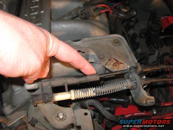 Hand pointing to throttle cable assembly in an engine bay
