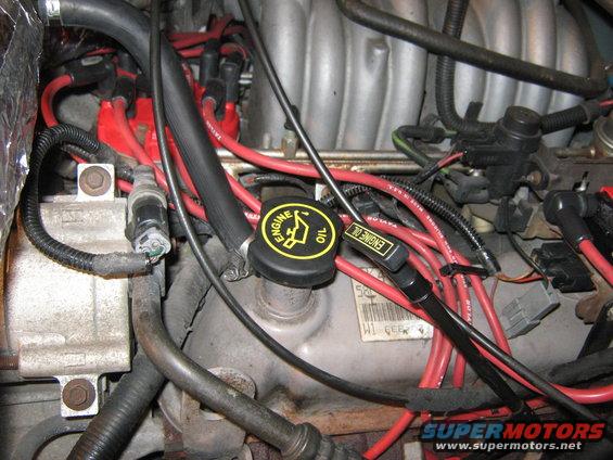 Engine bay with red spark plug wires and black oil cap