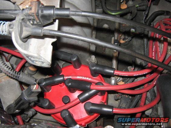Red Taylor Spark Plug wires connected to a red distributor cap in an engine bay