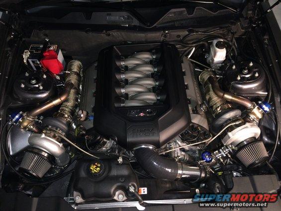 Twin-turbocharged V8 engine with "5.0 COYOTE" badge, likely from a 2013 Ford Mustang