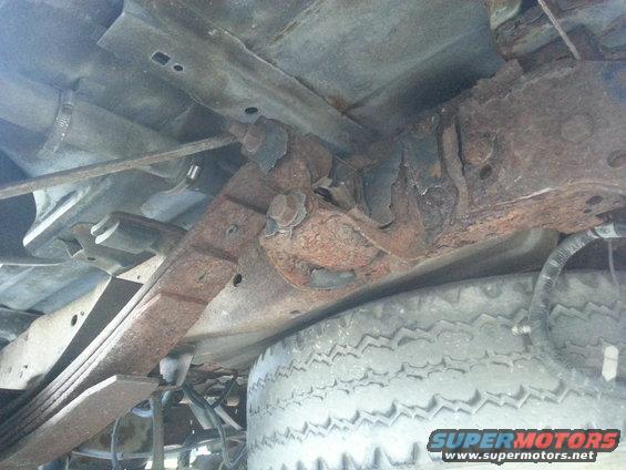 Underside view of rusty leaf springs and frame with spare tire