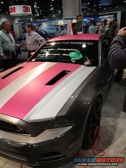 2013 Ford Mustang GT with pink and silver stripes, 3/4 front view