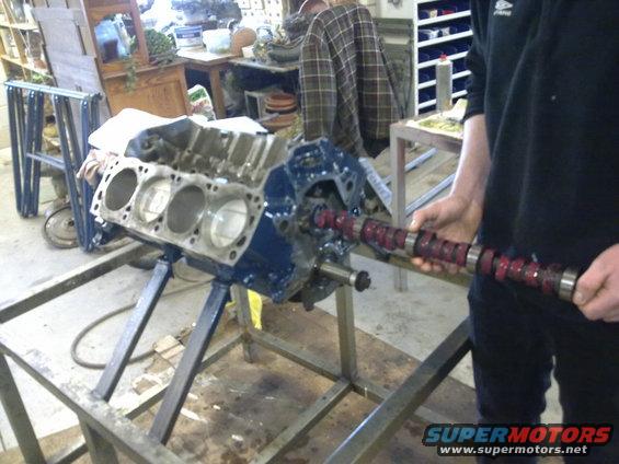 Engine block with camshaft being installed
