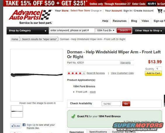 Dorman windshield wiper arm, part number 42631