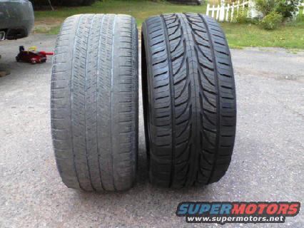Two tires, one worn and one new, side-by-side