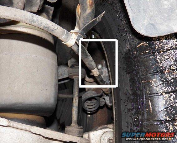 Car suspension with brake line, air spring, and coil spring visible