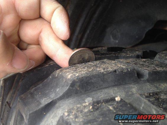 Hand holding quarter on tire tread to check depth