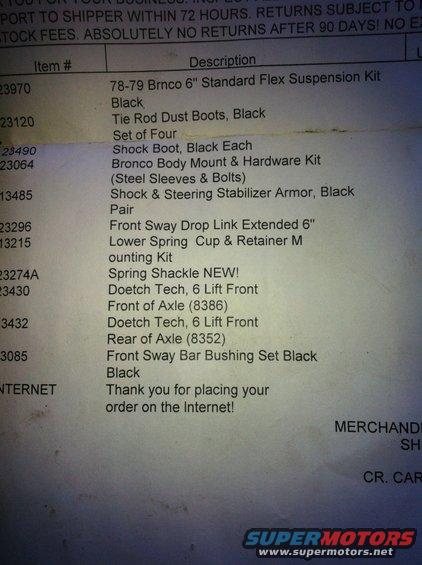 Parts list document with item numbers and descriptions, including '78-79 Bronco 6" Standard Flex Suspension Kit'