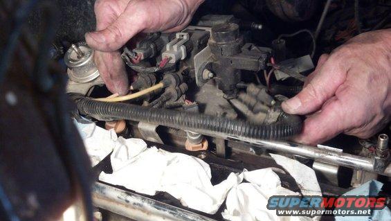 Hands working on engine fuel rail with injectors visible. White cloths are placed around the engine components