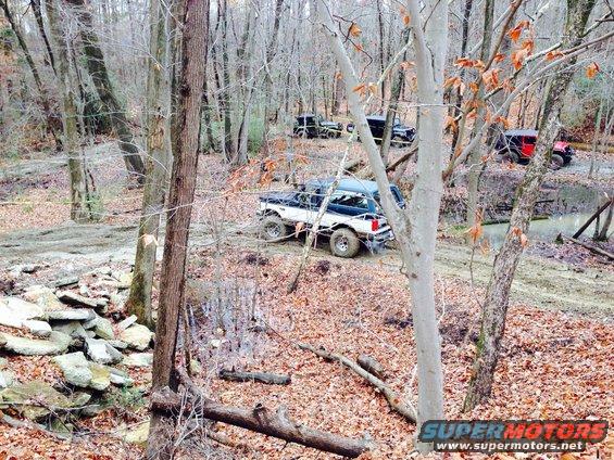 Several off-road vehicles driving through a muddy, wooded area with fallen leaves