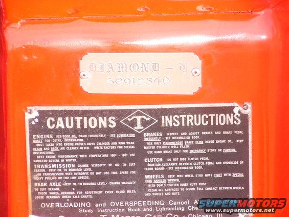 Vehicle data plate and caution sticker with instructions for engine, brakes, clutch, and wheels