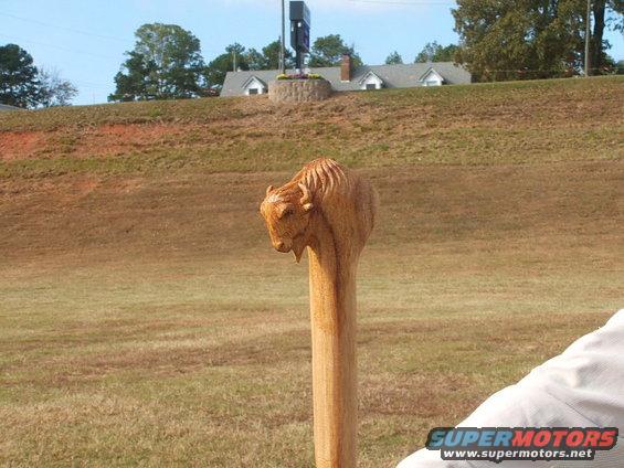 Wooden bison head on a cane in a grassy field