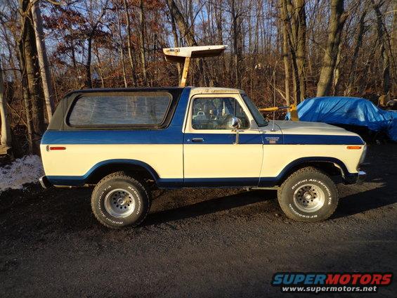 1978 Ford Bronco, two-tone cream and blue, with black hardtop