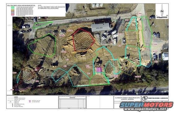 Aerial site plan with colored overlays showing soil treatment areas and excavation zones