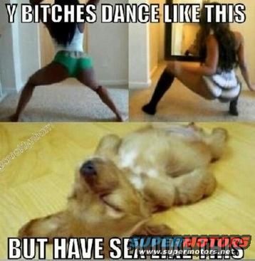 meme with text about dancing and sex, showing two women dancing and a dog on its back