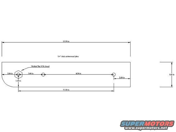Diagram shows a 1/4" thick carbon steel plate with dimensions and hole placements. It has a welded nut with 9/16 thread