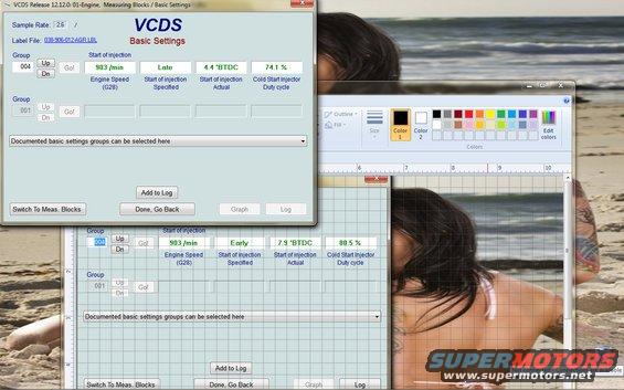 VCDS diagnostic software windows open, showing engine data, with a beach scene and a person in the background
