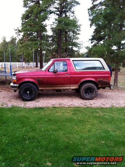 1994 Ford Bronco, side view, parked on gravel with grass and trees in background