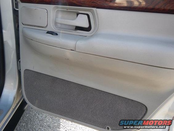 Interior of a car door panel with wood trim, a pull handle, and a speaker grille
