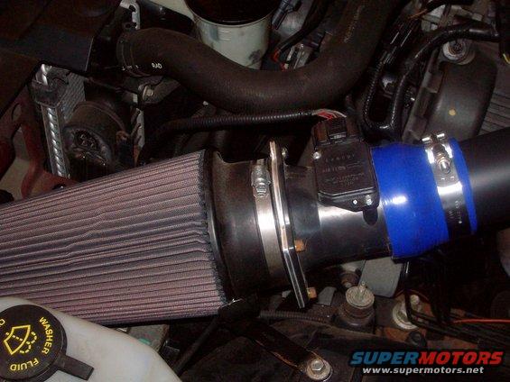Engine air intake with K&N filter, MAF sensor, and blue silicone coupler