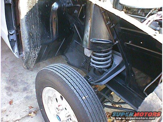 Close-up of a car's front suspension and wheel well, showing the coil spring and tire