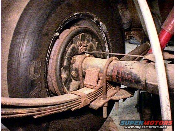 Close-up of a vehicle's rear axle with leaf springs and a tire visible