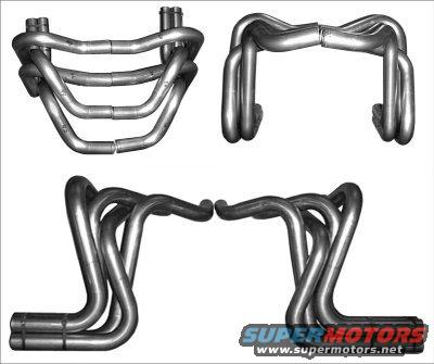 Four views of exhaust headers, two sets of four pipes each, with a Supermotors.net watermark