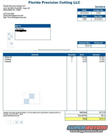 Invoice from Florida Precision Cutting LLC for water jet, welding, and material services