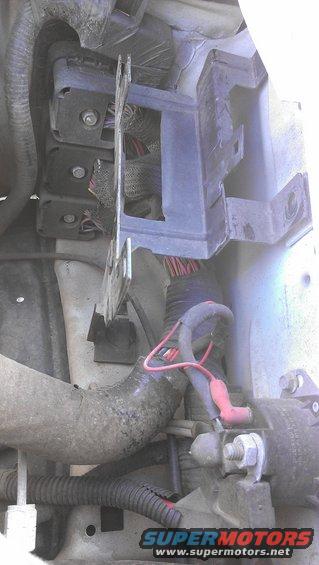 Engine bay wiring harness with red and black wires connected to starter motor