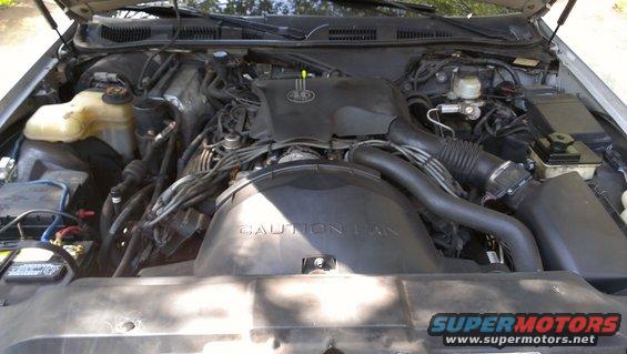 car engine bay with hoses, wires, and fan shroud