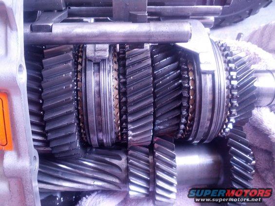 Close-up of internal transmission gears and shafts