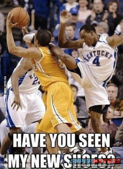 Basketball players in action, one wearing a Kentucky jersey with number 4, another in a yellow jersey. Text overlay reads "HAVE YOU SEEN MY NEW SHOES?"