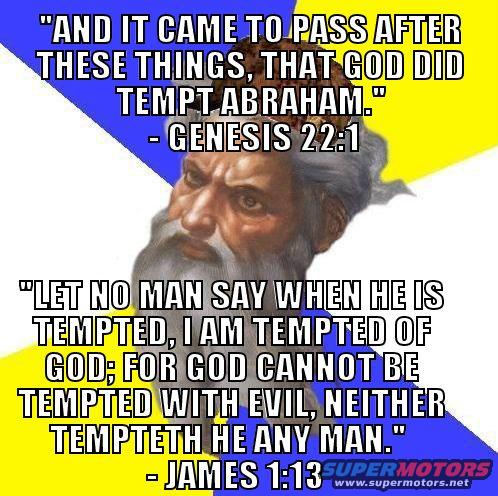 Meme with biblical quotes from Genesis and James, a drawing of a bearded man