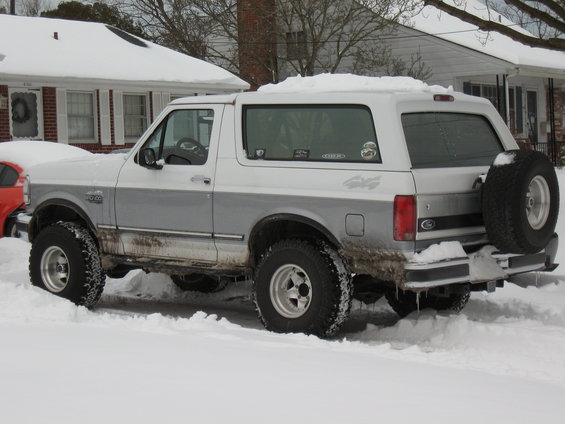 Rear view of a 1994 Ford Bronco in the snow