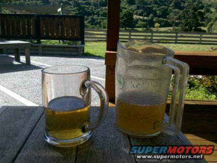 two beer mugs on a wooden table, with a fence and trees in the background