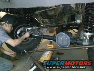 Mechanic works on rear axle of vehicle undercarriage. Heavy-duty suspension and differential visible