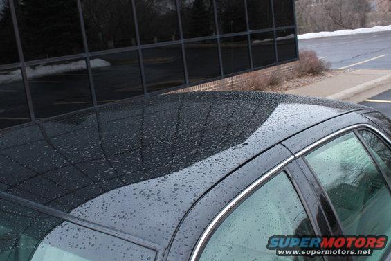 Black car roof with water droplets, side window visible