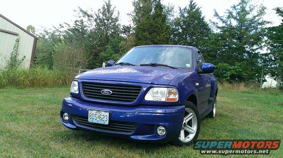 Blue 2003 Ford F-150 truck with a license plate reading BDS-623 parked on grass