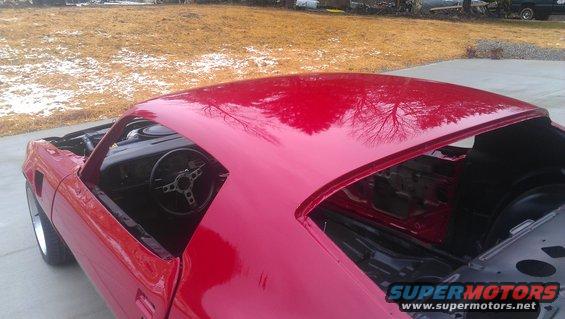 Red car roof and interior, viewed from above and slightly to the front