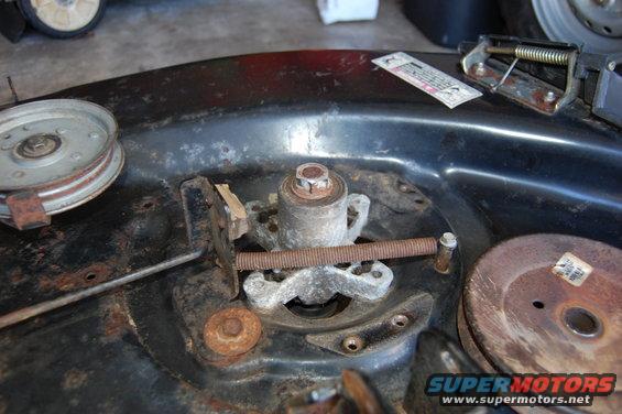 Lawn mower deck spindle assembly with pulley and rusty screw