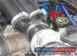 Engine plumbing with red arrow pointing to oil cap with Ford logo