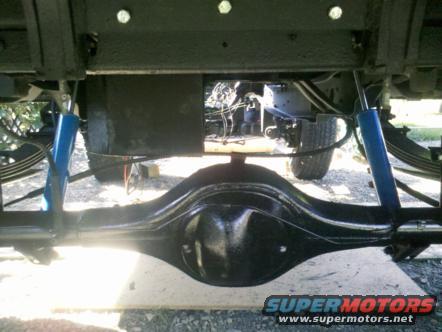 Underside view of a vehicle's rear axle, leaf springs, and blue shock absorbers