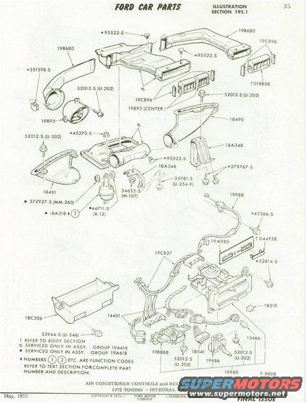 Diagram of Ford car parts, specifically air conditioning controls and related components for a 1972 Torino