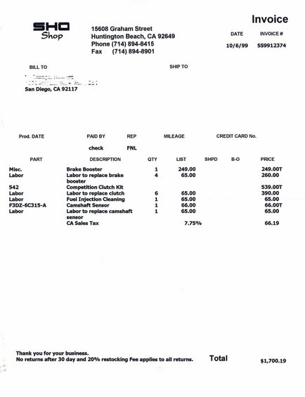Invoice from SHO Shop for brake booster, clutch kit, and labor services
