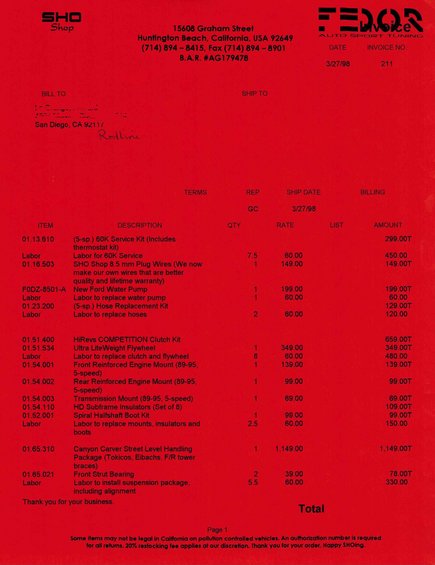 Invoice from SHO Shop for car parts and labor
