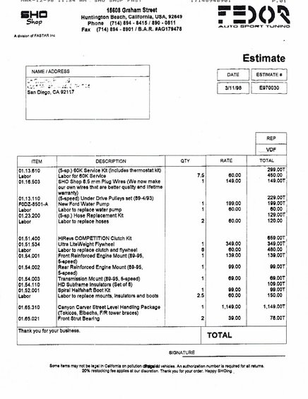 Estimate document from SHO Shop for parts and labor, dated 3/11/98